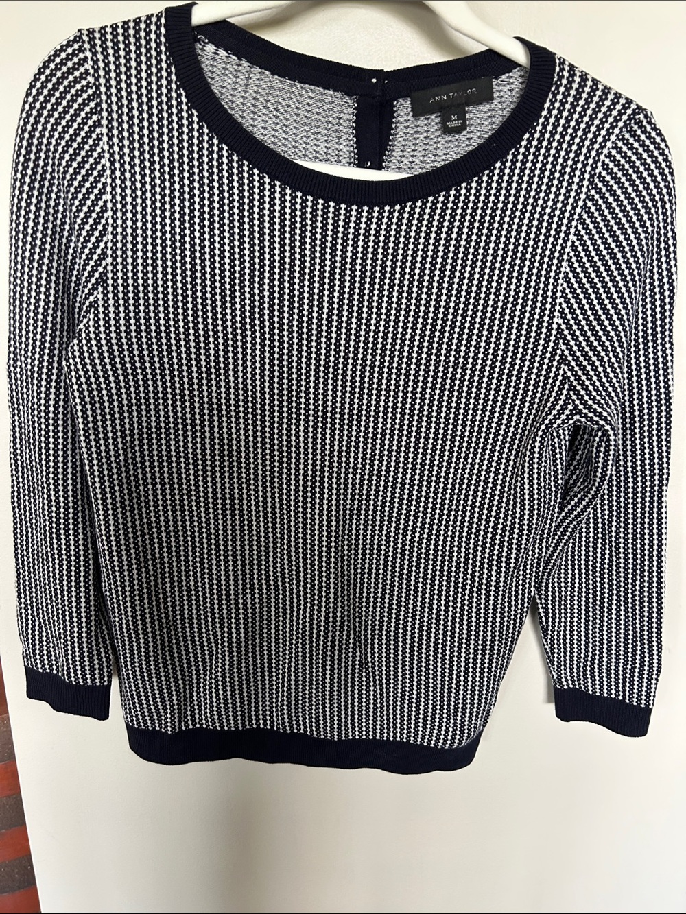 Ann Taylor Navy & White Knit 3/4 length sleeve Crewneck Sweater